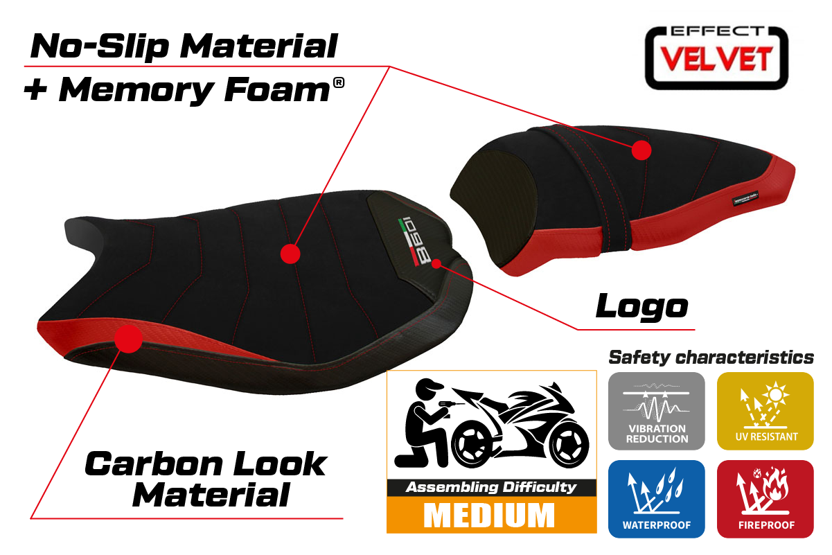 Yhteensopiva istuinpäällinen - Ducati 848 / 1098 / 1198 2007 - 2013 - mod Cervia Velvet Comfort System