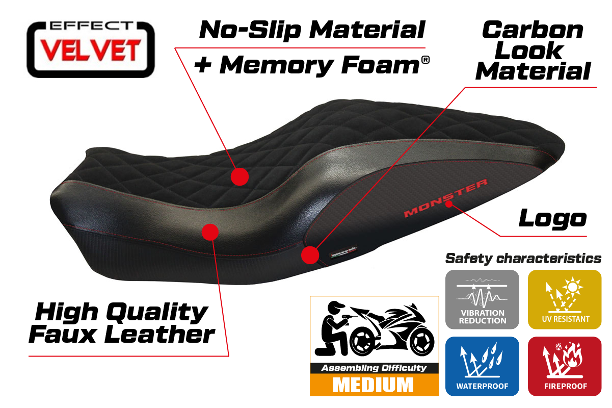 Yhteensopiva istuinpäällinen - Ducati Monster 821 / 1200 2014-2016 - mod Andorra Velvet Comfort System