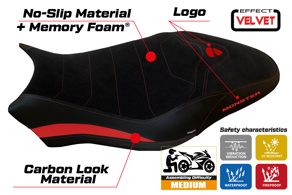 Yhteensopiva istuinpäällinen - Ducati Monster 821 / 1200 2017 - 2020 - mod Ovada 2 Velvet Comfort System
