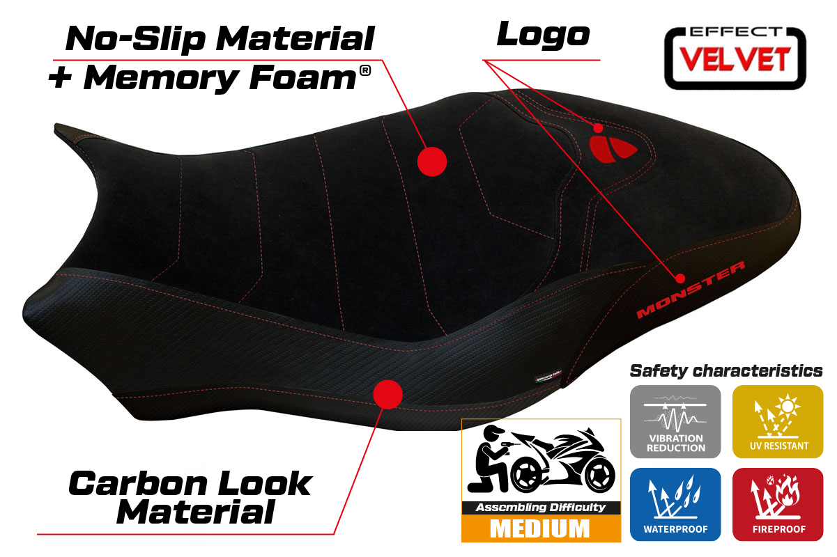Yhteensopiva istuinpäällinen - Ducati Monster 821 / 1200 2017 - 2020 - mod Ovada 2 Velvet Comfort System